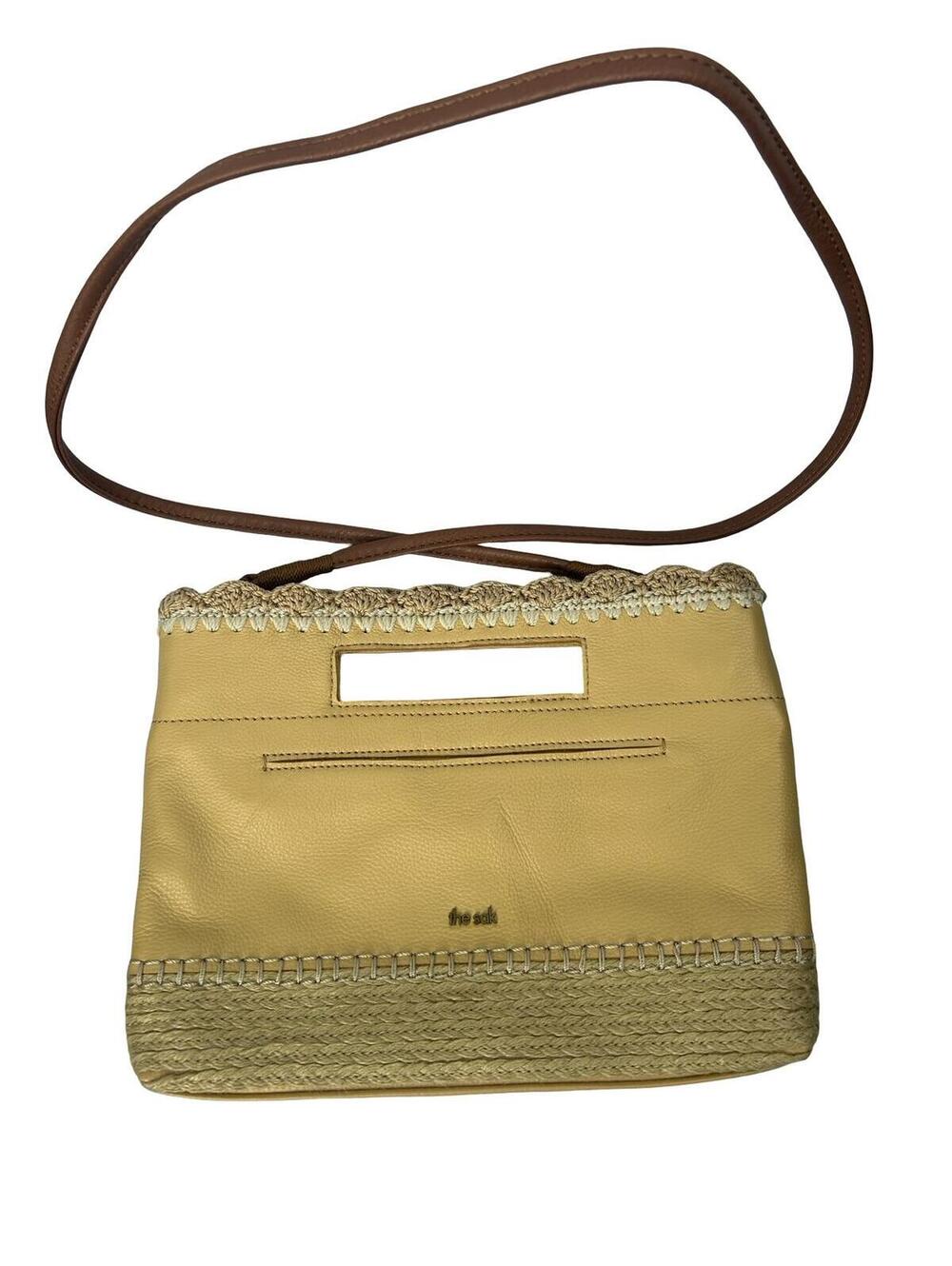 The Sak Yellow Leather‎ Crochet Trim Crossbody Bag Boho Summer Purse